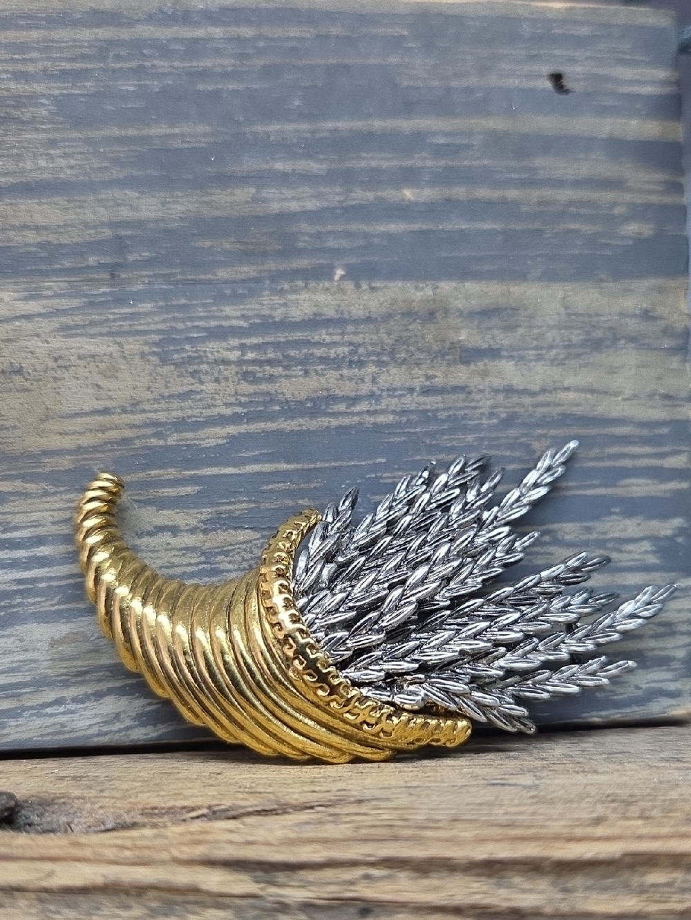 Signed Darlene Gold and Silver Cornucopia Wheat Brooch